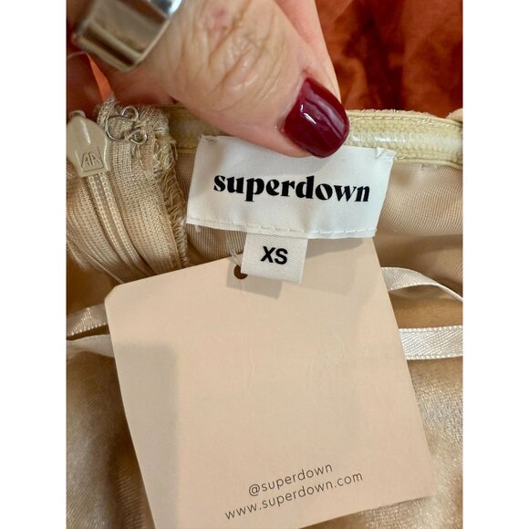 NEW Superdown Beige Cream Erika Feather Trim Velvet Mini Dress NWT - Size XS - Picture 7 of 9